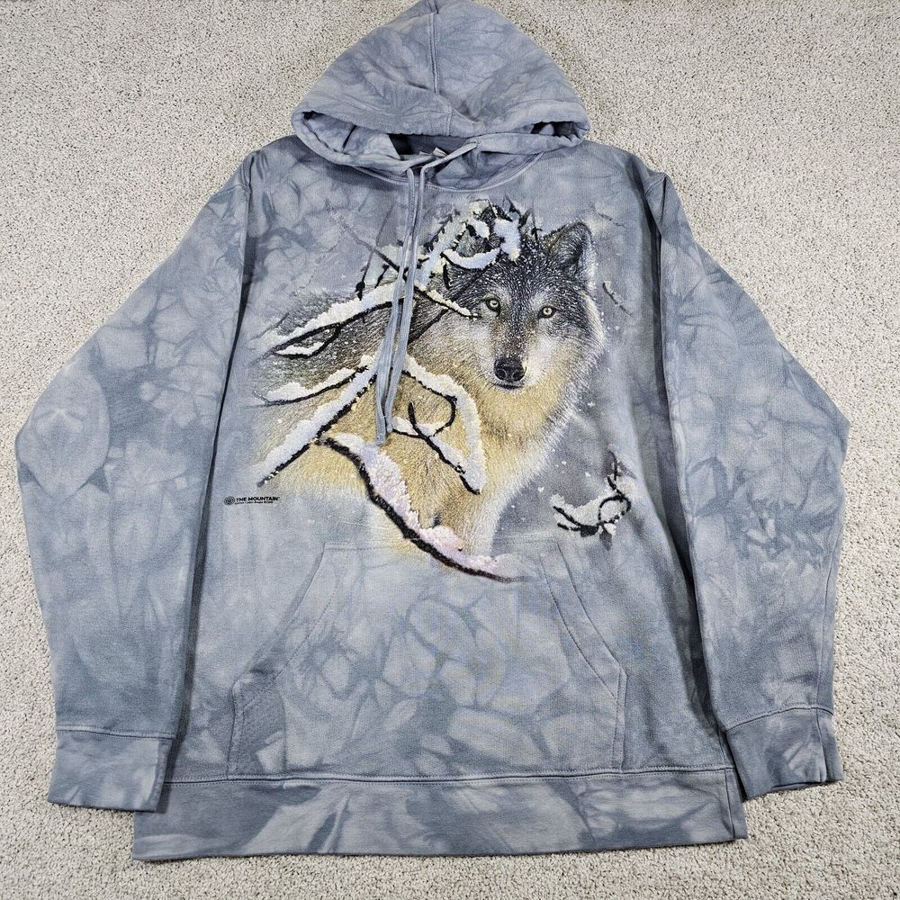 2019 The Mountain Wolf Head‎ Tie Dye Hoodie Mens Size M Blue Graphic AOP Outdoor